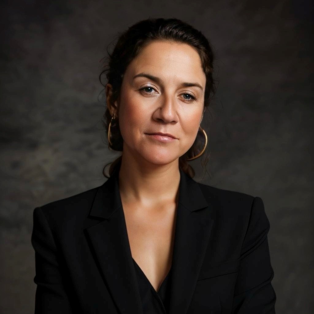 a woman with dark hair wearing a black top