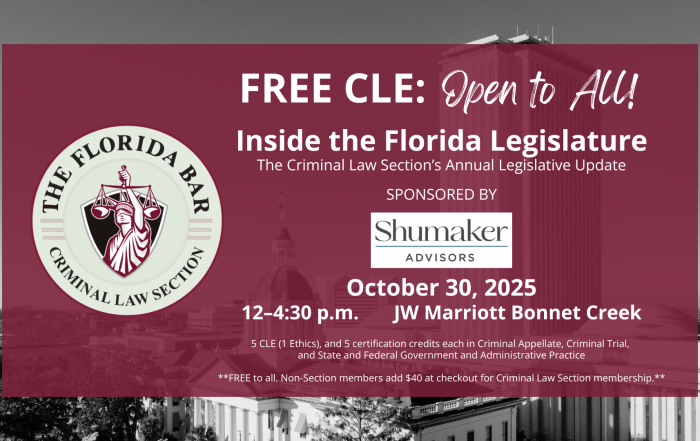 black and white image of the florida capitol building, logos, maroon banner