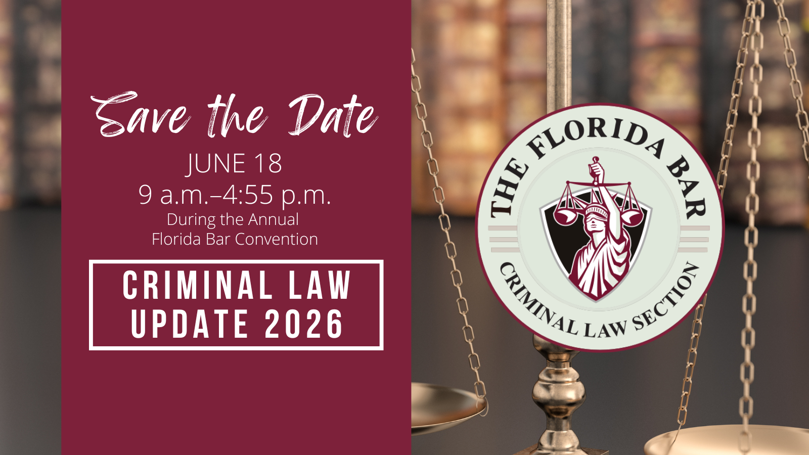 a maroon box over scales of justice and book, gray and maroom logo, white lettering