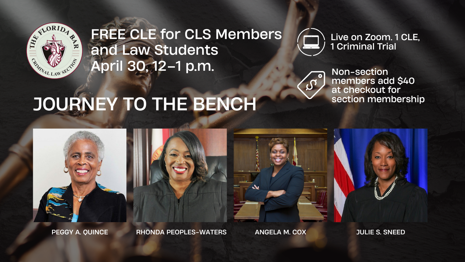 Images of four women; a gray, black, and maroon logo for the Criminal Law Section; a lady justice statue; white icons